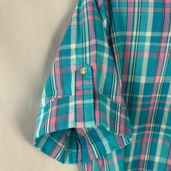 Vintage 90s High Style Plaid Shirt Women XL Blue Pink Button Front Grandma Retro - Picture 5 of 8